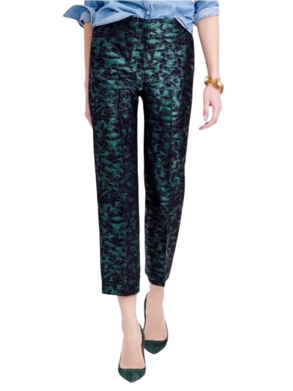 J. Crew Size 4 Sparkly Metallic Green & Black Festive Jacquard Patio Pants